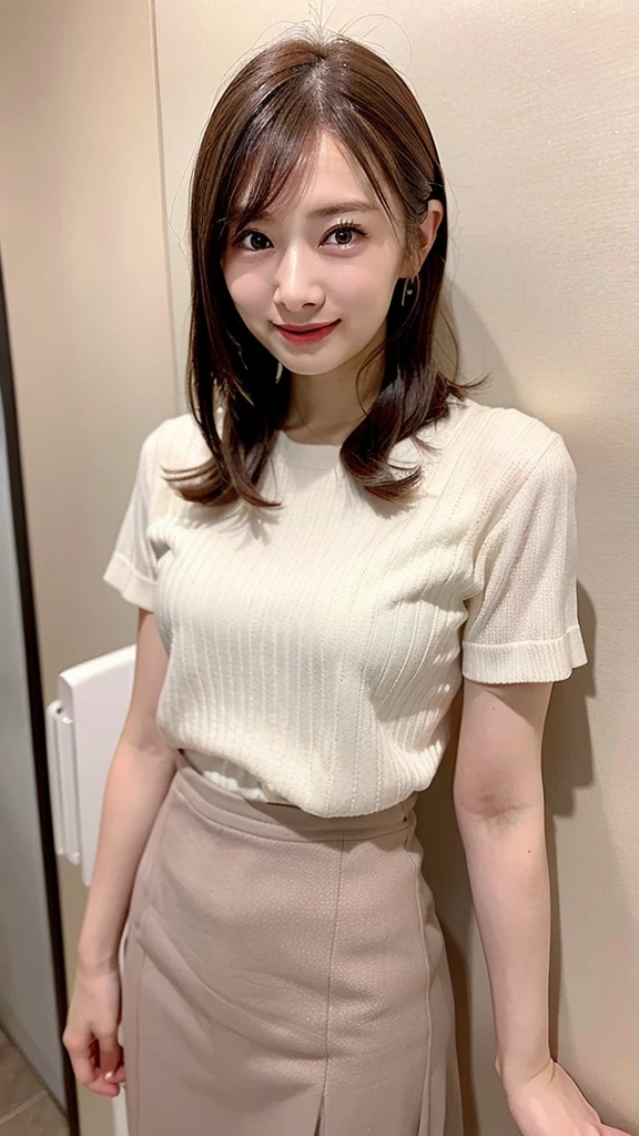 (Highest quality, 8K, 32k, masterpiece, Ultra-high resolution: 1.2), 1 Girl, Beautiful Japanese Woman, Narrow waist, (Lovely Face),, ((Neat and clean clothes), Natural clothes, 、color々With a wide variety of clothes、淡いcolorのブラウス, (Mimore length skirt), Elegance Casual), Age 25, Cinematic Light, (Biting pose: 1.2), (Smile at someone you like),Concrete wall、Silky Hair、short hair、Short Bob、Bob Hair、Loose and fluffy hair