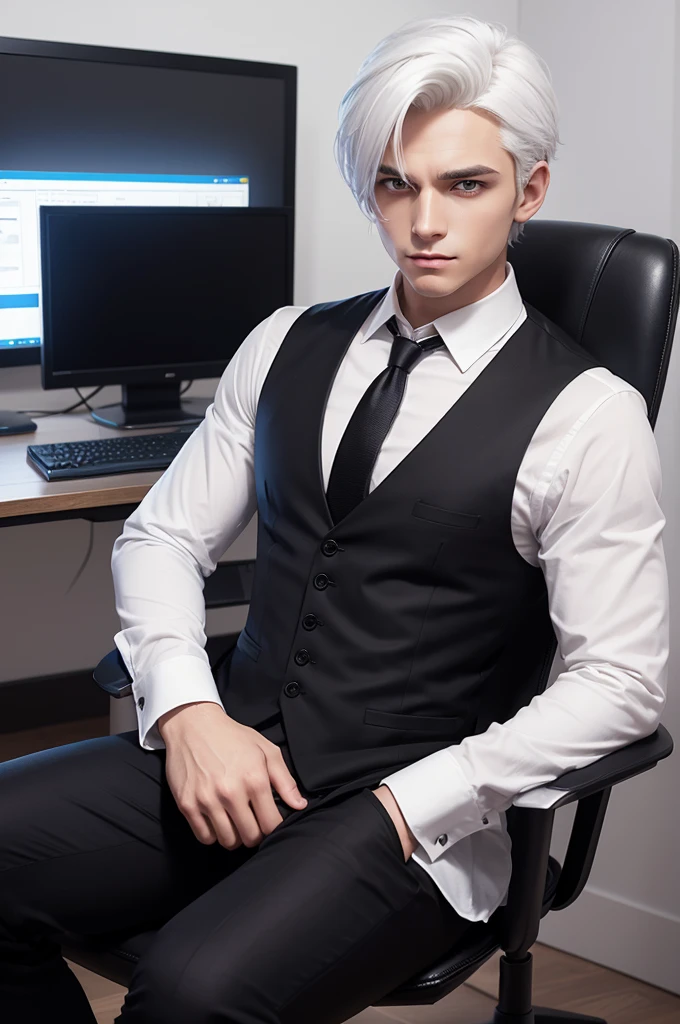 Male character pointed white hair a white dress shirt long sleeves a black vest closed a tie on a chair Gamer looking at the computer an iPhone in his hand Roblox
