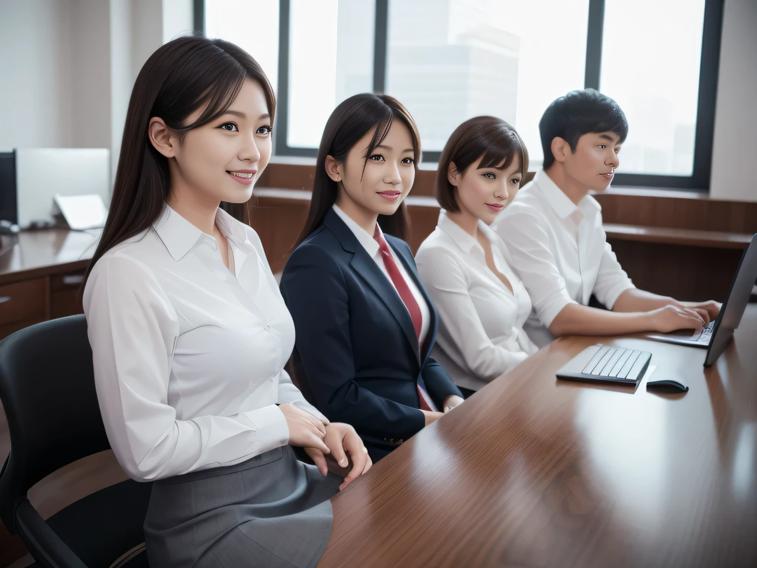 ((Highest quality, 8K, Representative works in detail, Ultra-high resolution)), (Group photo), (Looking at the audience), (Mid Shot:), 5 attractive businesswomen, 5-people, Big Breasts, White collared shirt, Grey Skirt, sitting cross-legged on a desk in an office, smile, president&#39;s office, ((Black Choker)), Slim figure, Big Breasts, Blue color contacts, Long eyelashes, bangs、Brown Hair、horor、horor Scene、Evil smile、((Incredibly long tongue)), tentacle-like tongue、Monster Woman、Predator、Attacking Woman、Long and thin tongue、Pointed Tongue、Attacking Woman、Tongue attack、Lift the tip of your tongue