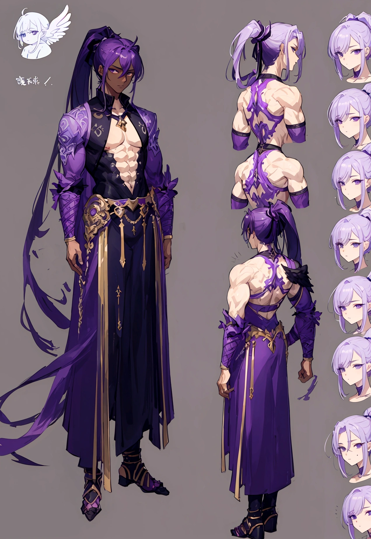 (Masterpiece, best quality), detailed, 1 man, ((character concept art)), ((character design sheet, same character, front, side, back)), full body, body complete, 1 Male, 1 Man, Detailed face, character design sheet，full bodyesbian, Highly detailed, character sheet, character design, Many parts, dark skin, angel wings, long purple ponytail hair, angel outfit, muscle male god, male clothes, masculine, muscle man, male muscle, manly, male angel, Muscle male with purple ponytail long hair，beautiful man