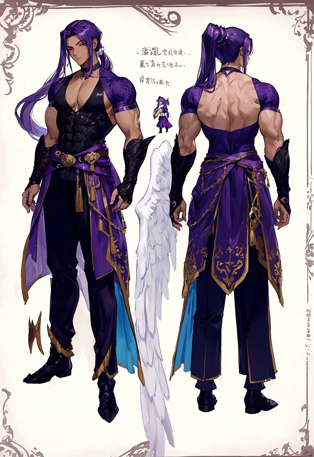 (Masterpiece, best quality), detailed, 1 man, ((character concept art)), ((character design sheet, same character, front, side, back)), full body, body complete, 1 Male, 1 Man, Detailed face, character design sheet，full bodyesbian, Highly detailed, character sheet, character design, Many parts, dark skin, angel wings, long purple ponytail hair, angel outfit, muscle male god, male clothes, masculine, muscle man, male muscle, manly, male angel, Muscle male with purple ponytail long hair，beautiful man