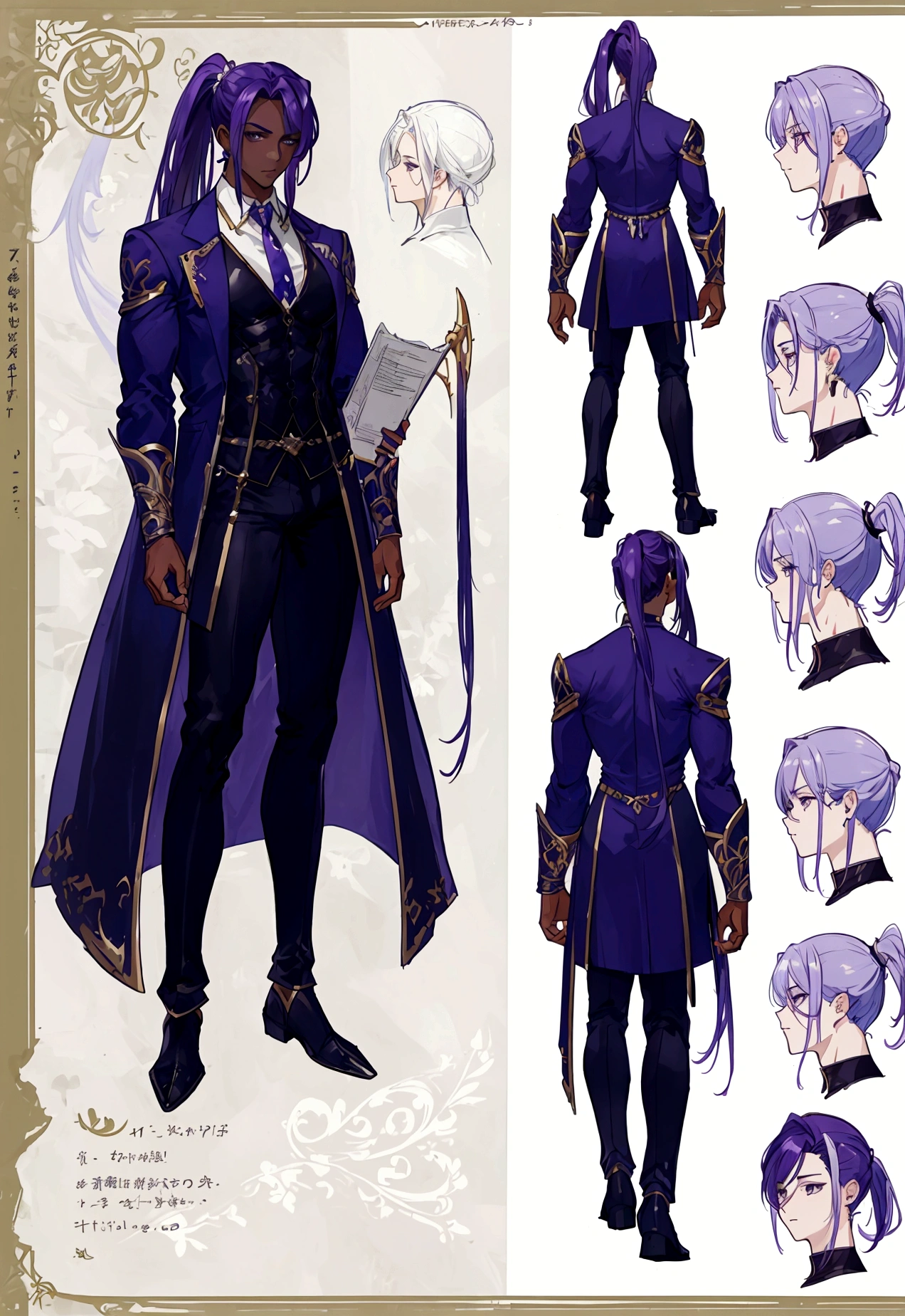 (Masterpiece, best quality), detailed, 1 man, ((character concept art)), ((character design sheet, same character, front, side, back)), full body, body complete, 1 Male, 1 Man, Detailed face, character design sheet,full bodyesbian, Highly detailed, character sheet, character design, Many parts, dark skin, angel wings, long purple ponytail hair, angel outfit, muscle male god, male clothes, masculine, muscle man, male muscle, manly, male angel, Muscle male with purple ponytail long hair,beautiful man