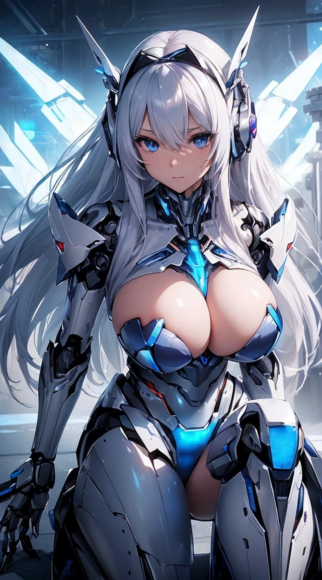 (Sit with one knee on the machine:1.6)、(Full body description:1.3)、((Shining lenses on both breasts:1.3))、((Blue pillars of light are emanating from both chests.:1.3))、smile、((8K)), ((32k)), ((Highest quality)), ((masterpiece)), ((超A high resolution)), ((Tmasterpiece)), ((Halation:1.4))、((Mechaニカルheadgear:1.2))、((Cyber headphones:1.3))、Fine skin, High quality fabric, Fine metal texture、((Beautiful and dense face))、RAW Photos、Professional, Ultra-fine painting, ((alone)), Beautiful breasts、Highest quality, Very detailed, Very detailed詳細, Finer details, so beautiful, ((Princess Knight Robot:1.2)),  (Joints of machines, Mechanical Limbs:1.3), (The internal structure of the machine is exposed:1.3), (Long silver hair:1.1), (Beautiful and huge mechanical breasts)、White Veil, cowboy_shot, Side Focus, headgear, Shiny、(Five Fingers, Four fingers and thumb),Concept Art, Anime fantasy artwork, Detailed fantasy art, (with pale blue-violet hair and large white wings,,,,,,,), (((Long silver hair))), (Mecha:1.6)、Sleek and intimidating design, ((Commander-in-Chief&#39;arm)), (Perfect robot body)、純白と青紫armまたは, Symmetrical wings, 8K high quality, detailed art, 3D rendering of character art in 8K, neat legs, Defined, Defined fingers,