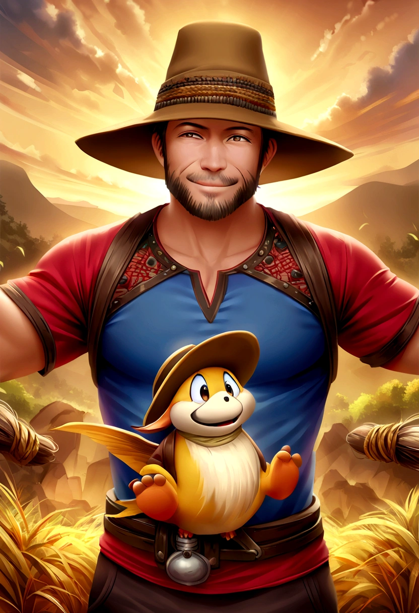 40 year old man, chuby, brown hair, brown eyes, wearing a dark yellow hat, blue tank top, red t-shirt underneath, smiling. famer