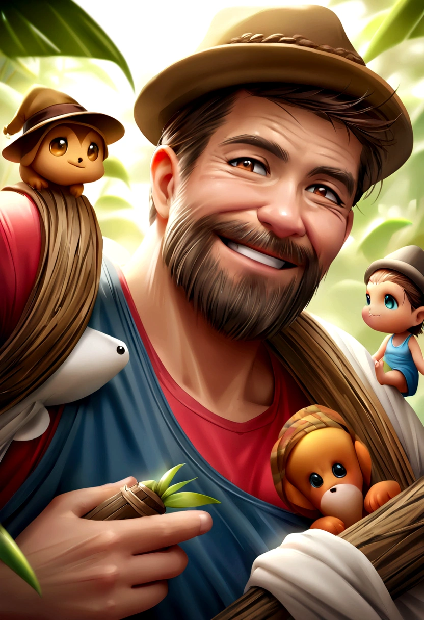 40 year old man, chuby, brown hair, brown eyes, wearing a dark yellow hat, blue tank top, red t-shirt underneath, smiling. famer