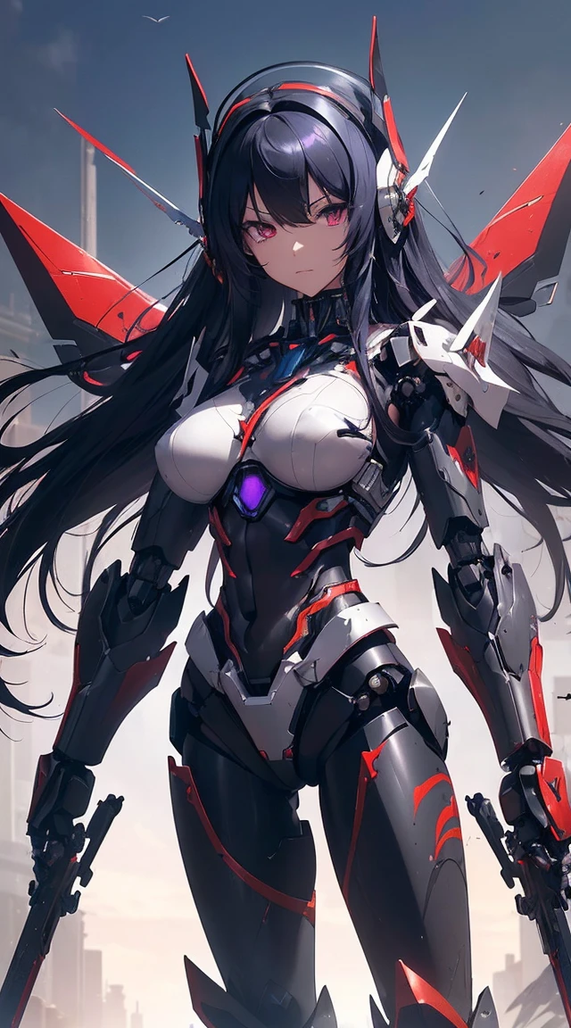 ((Shining lenses on both breasts:1.3))、((Pillars of red light radiate from both chests..:1.3))、((Attack pose:1.6))、((He has a red sword and a long rifle:1.6))、((Battle Scenes:1.8))、((8K)), ((32k)), ((Highest quality)), ((masterpiece)), ((超A high resolution)), ((Tmasterpiece)), ((Halation:1.4))、((Mechaニカルheadgear:1.2))、((Cyber headphones:1.3))Fine skin, High quality fabric, High-quality metal texture、((Beautiful and dense face))、RAW Photos、Professional, Ultra-fine painting, ((alone)), Beautiful breasts、Highest quality, Very detailed, Very detailed詳細, Finer details, so beautiful, ((Black Knight Robot:1.2)),  (Joint of the machine, Mechanical Limbs:1.3), (The internal structure of the machine is exposed:1.3), (Long black hair:1.1), (Beautiful and huge mechanical breasts)、White Veil, cowboy_shot, Side Focus, headgear, Shiny、(Five Fingers, Four fingers and thumb),Concept Art, Anime fantasy artwork, Detailed fantasy art, (Has light blue-purple hair and black wings,,,,,,), (((Long black hair))), (Mecha:1.6)、Sleek and intimidating design,  (Jet black perfect robot body)、Jet black and reddish purple arms, Symmetrical wings, 8K High Resolution, Detailed Art, 3D rendering of character art in 8K, neat legs, Defined, Defined fingers,((headshot:1.6))