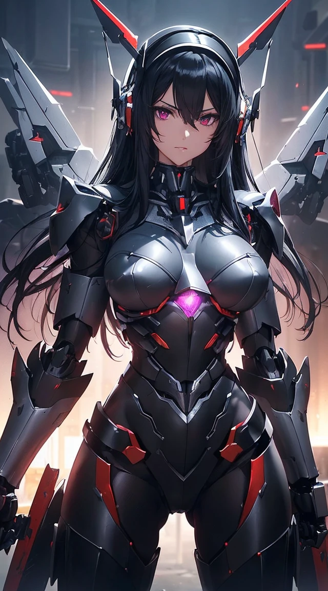 ((Shining lenses on both breasts:1.3))、((Pillars of red light radiate from both chests..:1.3))、((Attack pose:1.6))、((He has a red sword and a long rifle:1.6))、((Battle Scenes:1.8))、((8K)), ((32k)), ((Highest quality)), ((masterpiece)), ((超A high resolution)), ((Tmasterpiece)), ((Halation:1.4))、((Mechaニカルheadgear:1.2))、((Cyber headphones:1.3))Fine skin, High quality fabric, High-quality metal texture、((Beautiful and dense face))、RAW Photos、Professional, Ultra-fine painting, ((alone)), Beautiful breasts、Highest quality, Very detailed, Very detailed詳細, Finer details, so beautiful, ((Black Knight Robot:1.2)), (Joint of the machine, Mechanical Limbs:1.3), (The internal structure of the machine is exposed:1.3), (Long black hair:1.1), (Beautiful and huge mechanical breasts)、White Veil, cowboy_shot, Side Focus, headgear, Shiny、(Five Fingers, Four fingers and thumb),Concept Art, Anime fantasy artwork, Detailed fantasy art, (Has light blue-purple hair and black wings,,,,,,), (((Long black hair))), (Mecha:1.6)、Sleek and intimidating design, (Jet black perfect robot body)、Jet black and reddish purple arms, Symmetrical wings, 8K High Resolution, Detailed Art, 3D rendering of character art in 8K, neat legs, Defined, Defined fingers,((headshot:1.6))