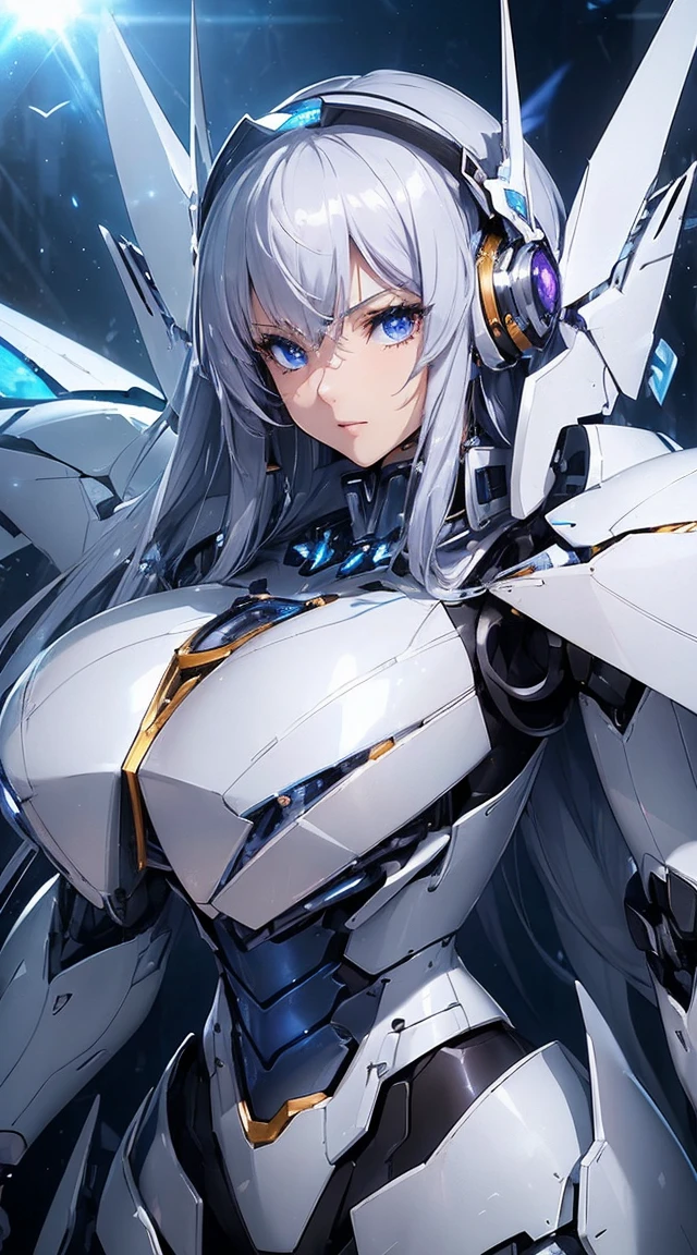 ((Extreme close up:1.6))、(((Lenses shining on both breasts:1.3)))、((Blue pillars of light radiate from both of his chests..:1.3))、break、(((Dynamic pose:1.8)))、smile、((8K)), ((32k)), ((Highest quality)), ((masterpiece)), ((超A high resolution)), ((Tmasterpiece)), ((Halation:1.4))、((Mechaニカルheadgear:1.2))、((Cyber headphones:1.3))Fine skin, High quality fabric, High-quality metal texture、((Beautiful and dense face))、RAW Photos、Professional, Ultra-fine painting, ((alone)), Beautiful breasts、Highest quality, Very detailed, Very detailed詳細, Finer details, so beautiful, ((Princess Knight Robot:1.2)), (Joint of the machine, Mechanical Limbs:1.3), (The internal structure of the machine is exposed:1.3), (Long silver hair:1.1), (Beautiful and huge mechanical breasts)、White Veil, cowboy_shot, Side Focus, headgear, Shiny、(Five Fingers, Four fingers and thumb),Concept Art, Anime fantasy artwork, Detailed fantasy art, (with pale blue-violet hair and large white wings,,,,,,,,), (((Long silver hair))), (Mecha:1.6)、Sleek and intimidating design, ((Commander-in-Chief'arm)), (Perfect robot body)、純白と青紫のarmまたは, Symmetrical wings, 8K High Resolution, Detailed Art, 3D rendering of character art in 8K, neat legs, Defined, Defined fingers,((headshot:1.3))