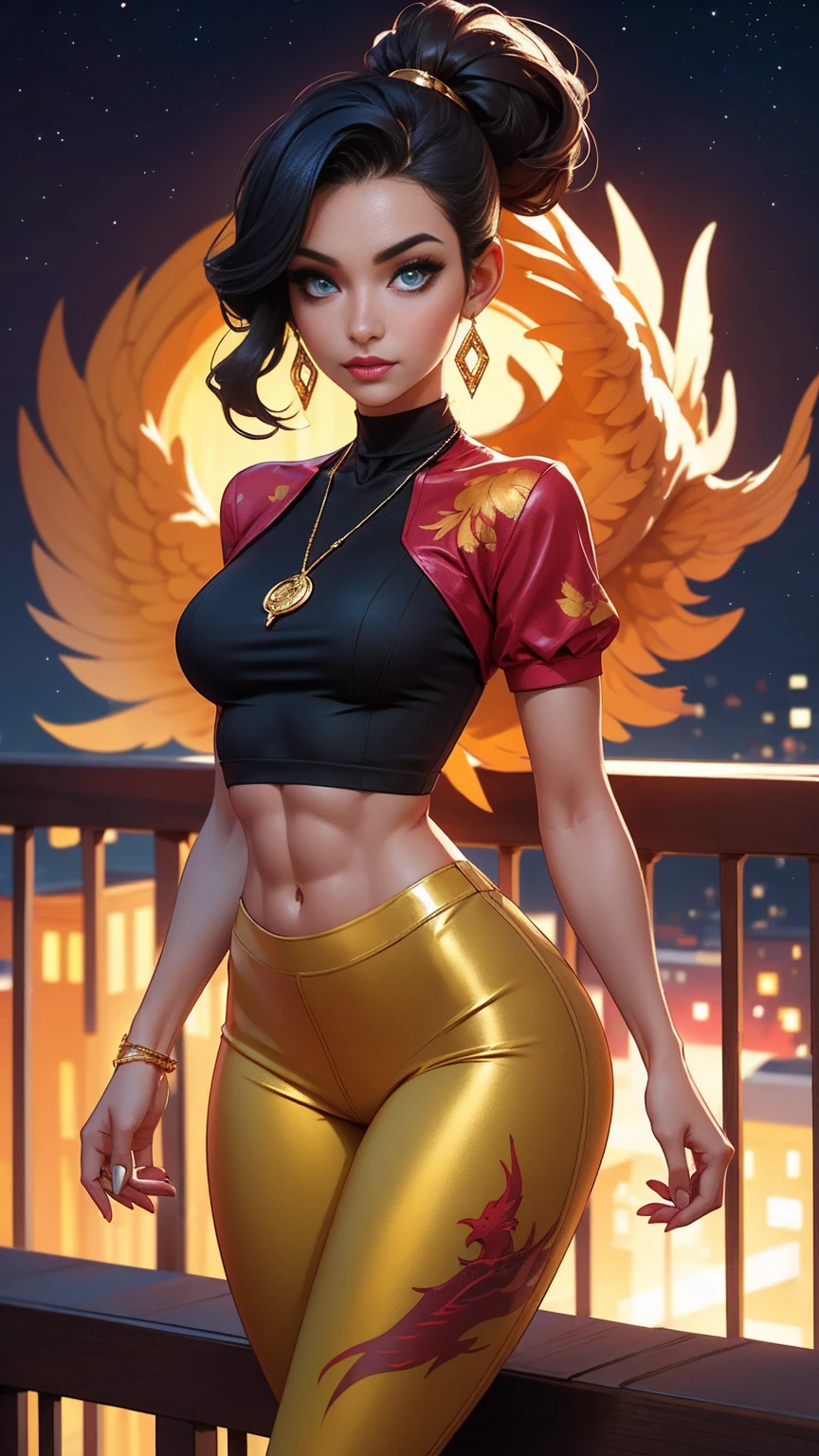 Beautiful woman with mid curly ponytail black hair with blue eyes wearing a Burgundy Tight Leggings With Golden Dragon Prints, a Red Sexy Criss Cross Mock Neck Short Sleeves Blouse With Phoenix Prints, luxurious jewelry and a luxurious necklace, 18k gold wedding ring on left hand, standing in a balcony at night of full moon, (caucasian skin), (light brown lipstick), (elegant mascara), (slim body with abs), (small breasts), (wide hips), midjourney, <lora:GoodHands-, <lora:GoodLegs-, UHD, high resolution, (masterpiece:1.1, best quality), (expressive eyes, perfect face, full body, expressive face, perfect body, perfect pussy, athletic, fit, slim body, blushing, Perfect makeup, eyeliner, beautiful eyelashes, smiling, horny face), ((best illumination, best shadows)), ((sexy pose))