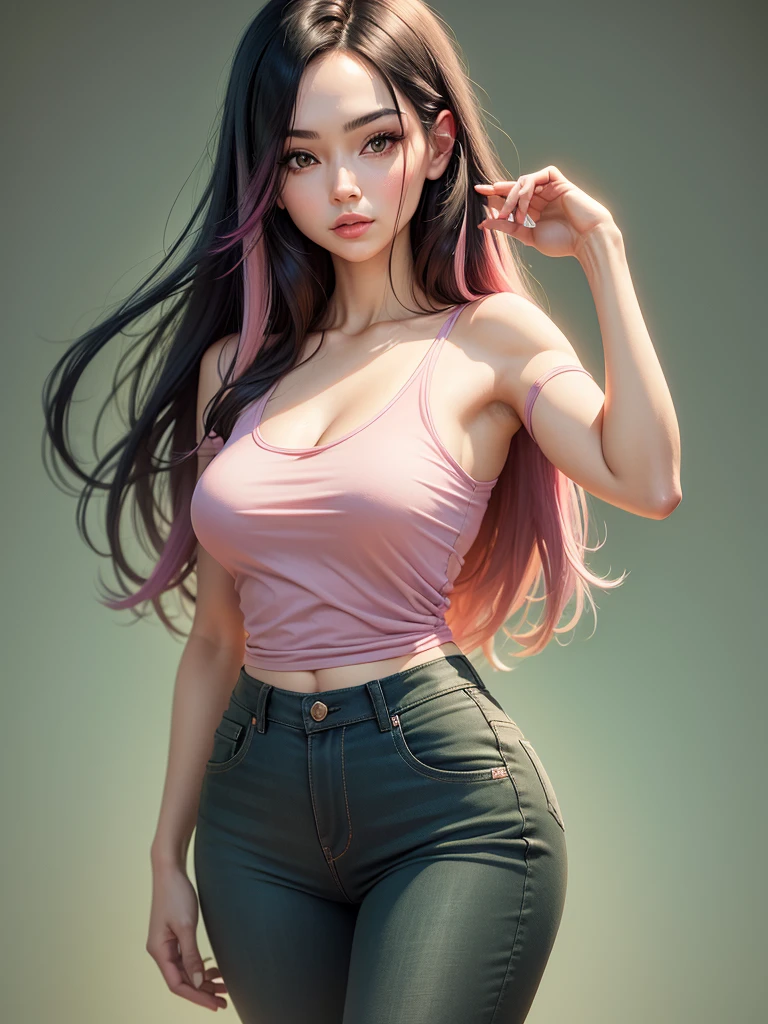 young woman, 30 years, portrait, Medium , slim, long black hair with pink highlights, bang, Is it juniper, hot, Soft or colored lips, Russian, short green shirt, loose jeans, simple background, flat colors, perfect hands, Ideal Anatomy,