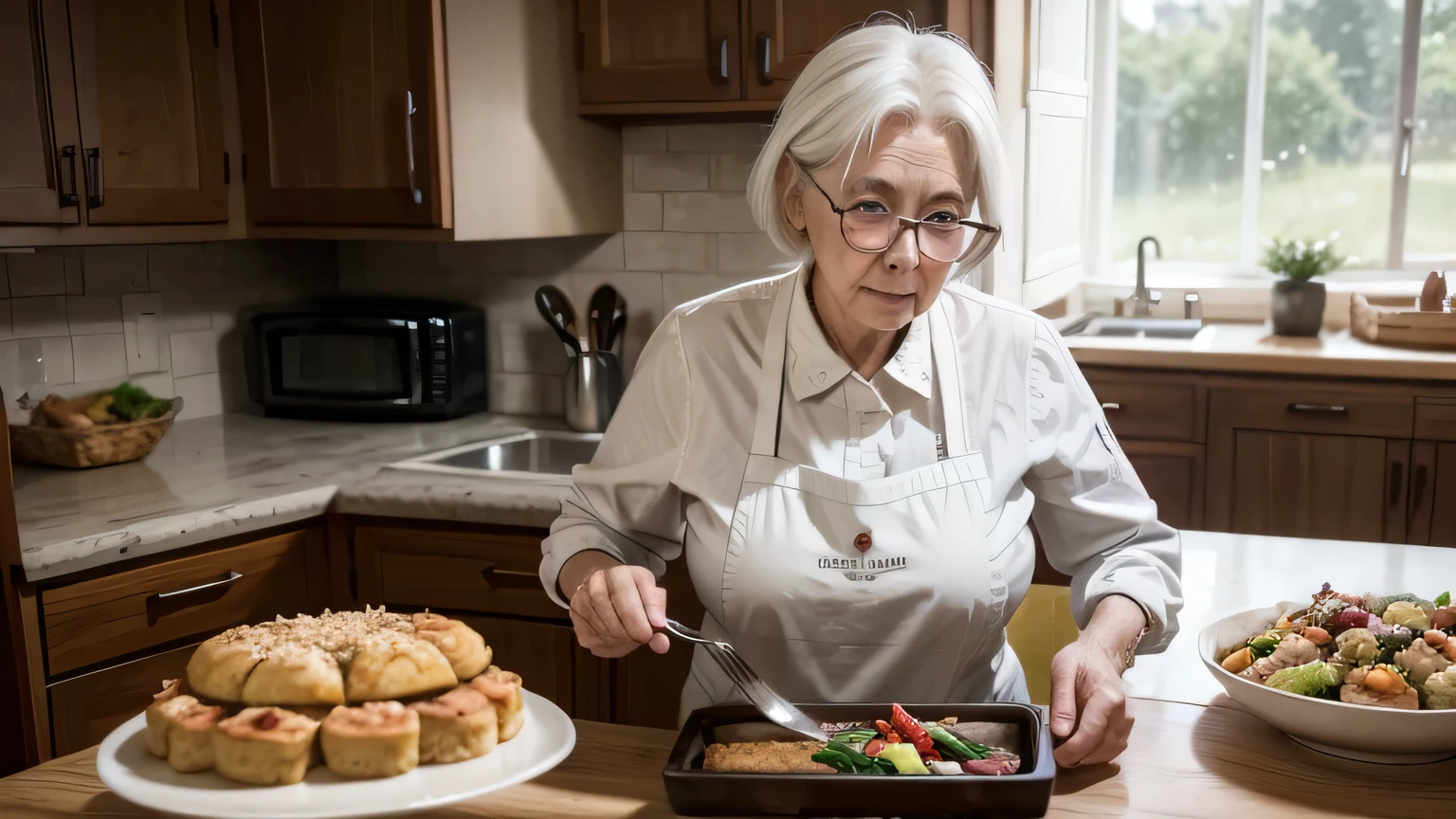 a single elderly woman with white hair wearing glasses and a cooking apron serving the rectangular table full of food