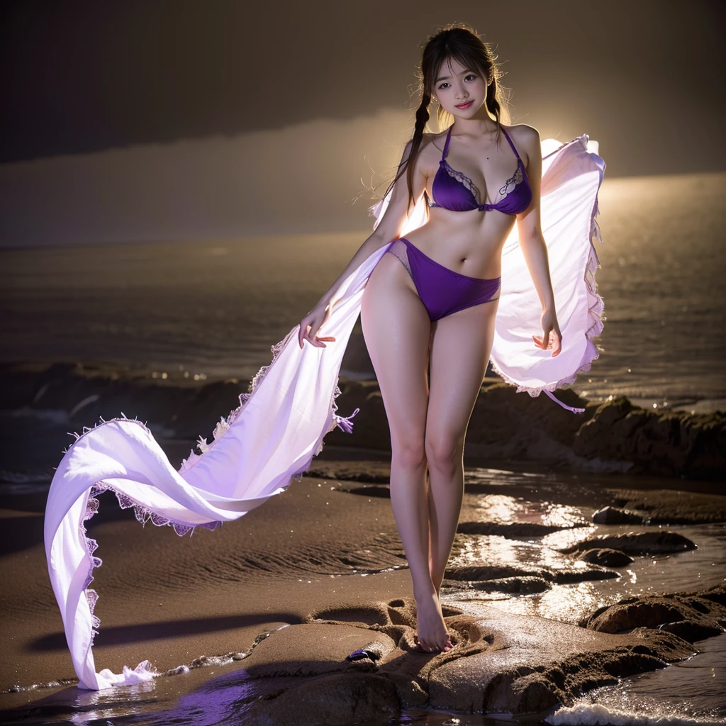 (((barefoot short-torsoed Japanese girls dancing on mud beach))), natural front lighting, ultra sharp focus,bright blonde braided twin hair, (((light silky pale white skin color))),blue large eyes with long eyelashes and double eyelids, dynamic angle,red lip,smile, (huge breasts), (full body shot:2), (((wearing sexy purple underwear))), waving long arms, (slender waist),(thin long legs)