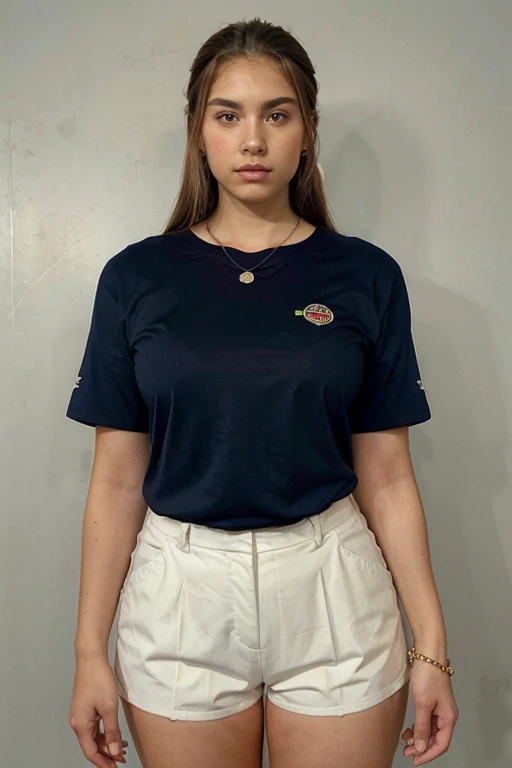 Photo of a 20 year old brunette woman. face facing the camera. ((The body is visible all the way up to the thighs)). (front look. Real life big mom. Stand straight facing the camera), head straight. looking at the camera. (full visible up to your thighs).

que tiene una cara muy natural, labios finos, Ojos delgados, cejas finas, nariz delgada, Pendientes, long eyeslashes. (very long hair down to the thighs). Perfect breast. Ponytail.

(different hair colors, blue, blonde, brown). (various styles and hairstyles, short, long, hair tied or loose),

(wearing a different clothes top uniform). (wearing a different clothes bottom uniform), wearing a different necklaces, earring, bracelets, (different color clothes uniform. Red. Blue. Green. Yellow).

(Interior wall background）(no background). a man's favorite woman. Real life big mom. front view, front body.