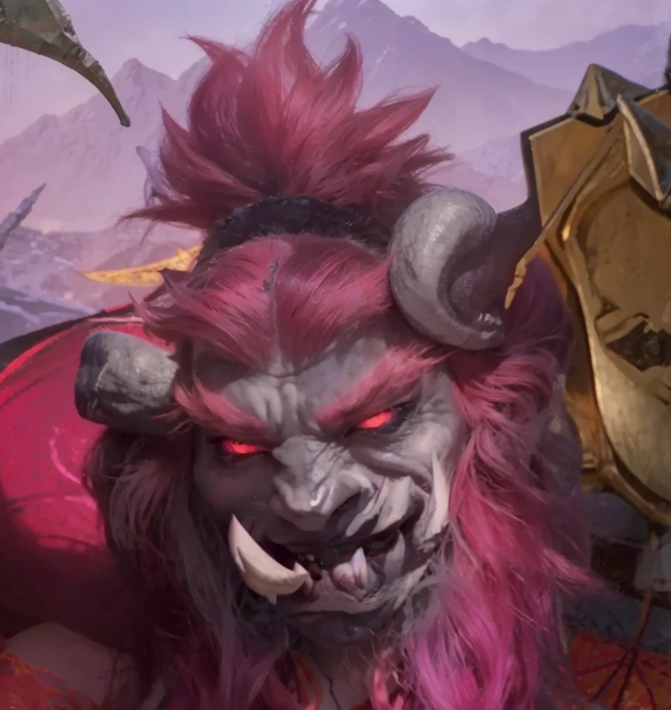 Chinese style red haired orc,Tangled hair,Bluish-grey skin,smilling face,Fierce eyes,The fangs stick out from the mouth,Has horns,Clarity,结构Clarity,Structured,Precious silk,Deco,Precious Stone,Hanfu,32k——niece 5,(masterpiece,Top quality,Best Quality,Official Art,Beautiful beauty:1.2),(8K,Best Quality,masterpiece:1.2),(((White background,)))(merchandise/baoxiang),Fantasy,The Chinese Wes Anderson feeling, rich and colorful, landscape