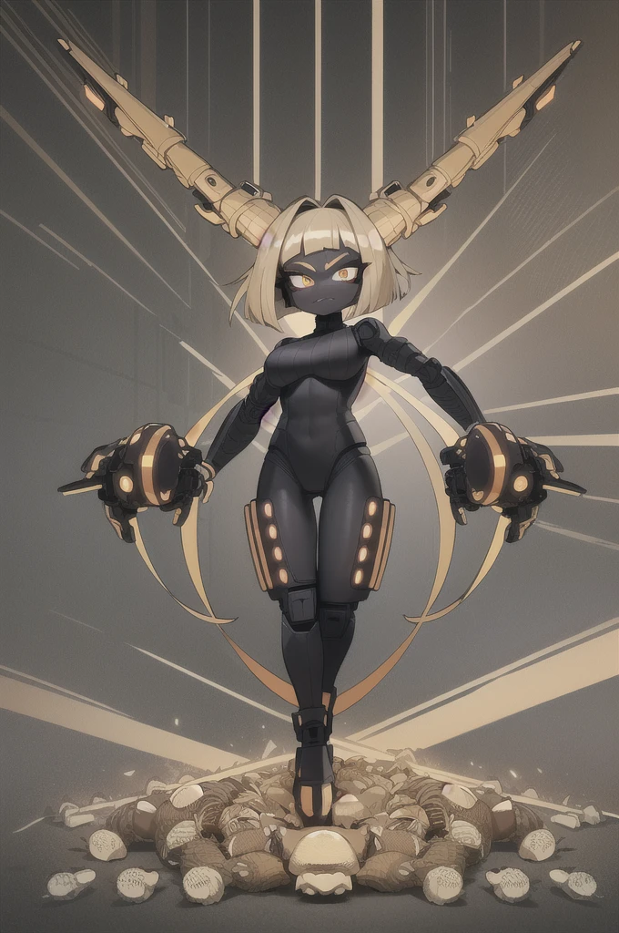 (masterpiece, ultra high quality), (standing), (full body), (1girl), (solo), (female focus), (Furry), (Anime art style), (Singular, large horn on the left side of her head), (half human/half snake hybrid female), (Messy bob-cut with bangs), (big eyebrows), (snake tail) (Cute anime snake eyes), (mechanical limbs attached to limbless female body), (mechanical exo-suit)
