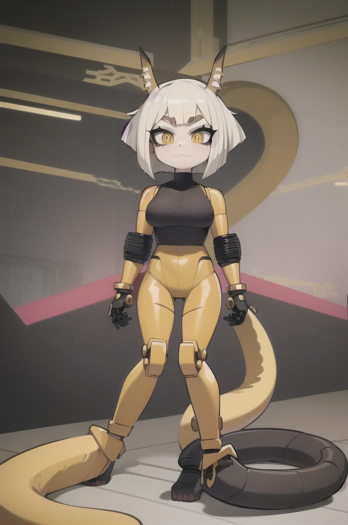 (masterpiece, ultra high quality), (standing), (full body), (1girl), (solo), (female focus), (Furry), (Anime art style), (Singular, large horn on the left side of her head), (half human/half snake hybrid female), (Messy bob-cut with bangs), (big eyebrows), (snake tail) (Cute anime snake eyes), (mechanical limbs attached to limbless female body), (mechanical exo-suit)