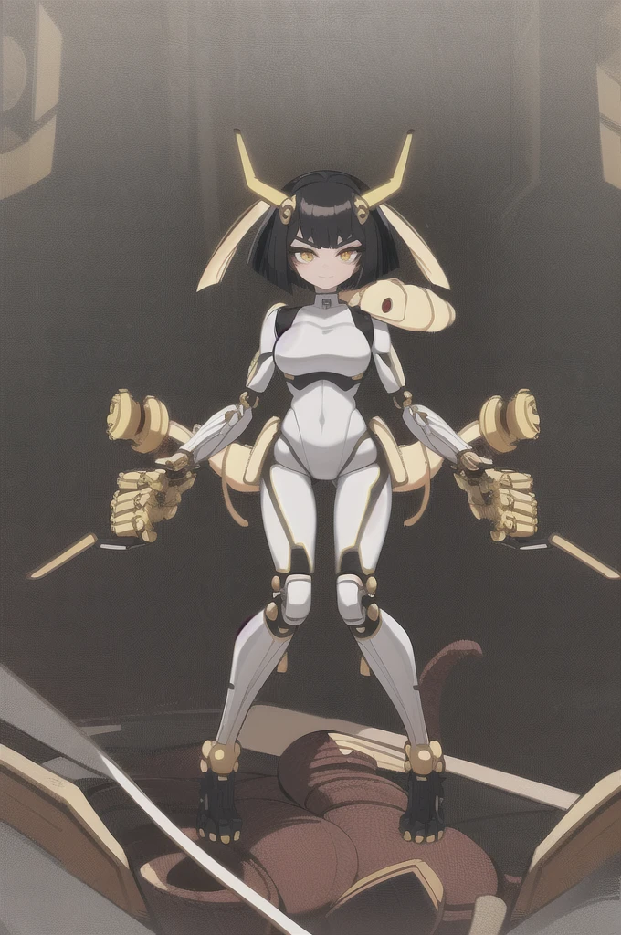 (masterpiece, ultra high quality), (standing), (full body), (1girl), (solo), (female focus), (Furry), (Anime art style), (Singular, large horn on the left side of her head), (half human/half snake hybrid female), (Messy bob-cut with bangs), (big eyebrows), (snake tail) (Cute anime snake eyes), (mechanical limbs attached to limbless female body), (mechanical exo-suit)