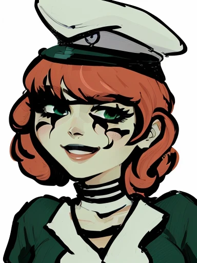 cartoon of a woman with a sailor hat and a green shirt, stylized portrait, madeline from celeste, cel - shaded art style, drawn in microsoft paint, digital art from danganronpa, 2d portrait, inspired by Takehisa Yumeji, cel shaded!!!, [[[[grinning evily]]]]