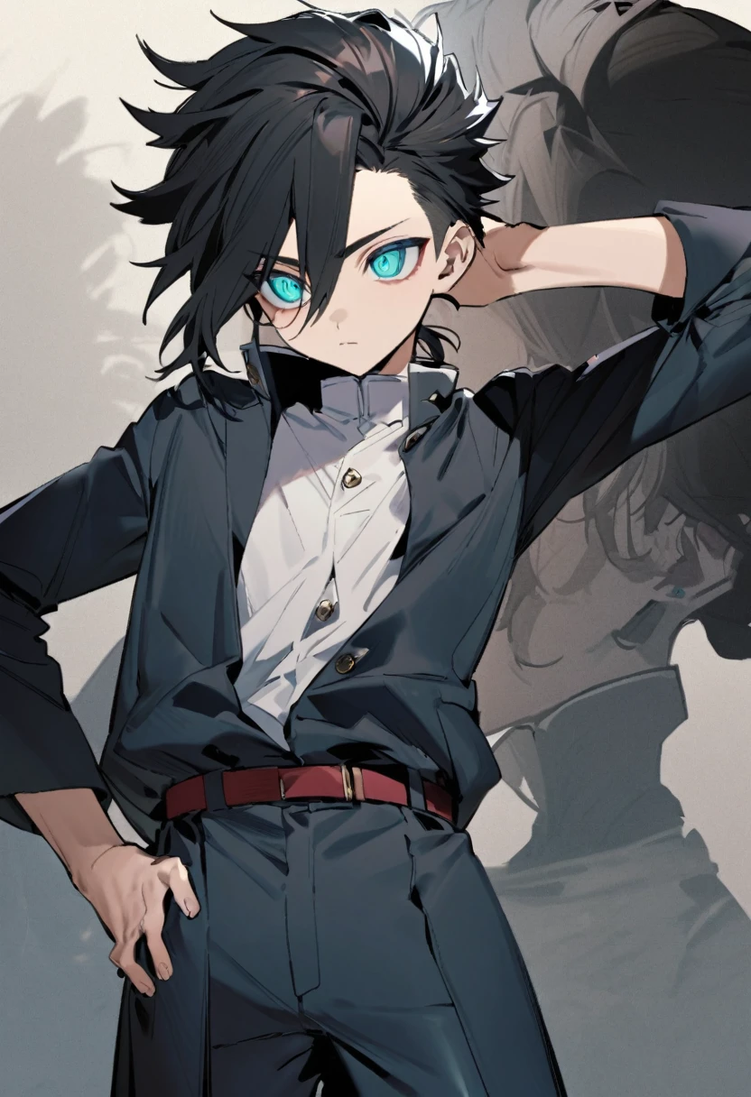 Yuzo is a 16-year-old young boy he is a cool headed introverted and reserved boy with bright small glossy turquoise eyes had a lot of detail to them making it seem as if he had sharp eyes, with unruly black hair, blond shaven temporal sides as his hair reached the bottom of his neck in with a stringy curly texture as his hair was curling up on the ends and the front was pushed upfront with some longer locks hanging down to his face his hair styled in a undercut fashion which showed more of his face and forehead and covered less of the front part of his face and eyes, despite this he had very attractive and handsome appearance*)

- (*Yuzo wore his version of the jujutsu high uniform he wore a a white long sleeve gakuran-style high collared close left-over-right jacket with two swirl golden decor buttons attached to it with the shirt slightly tucked into navy blue slim button pants with a maroon belt around his waist flapping loosely off his hip