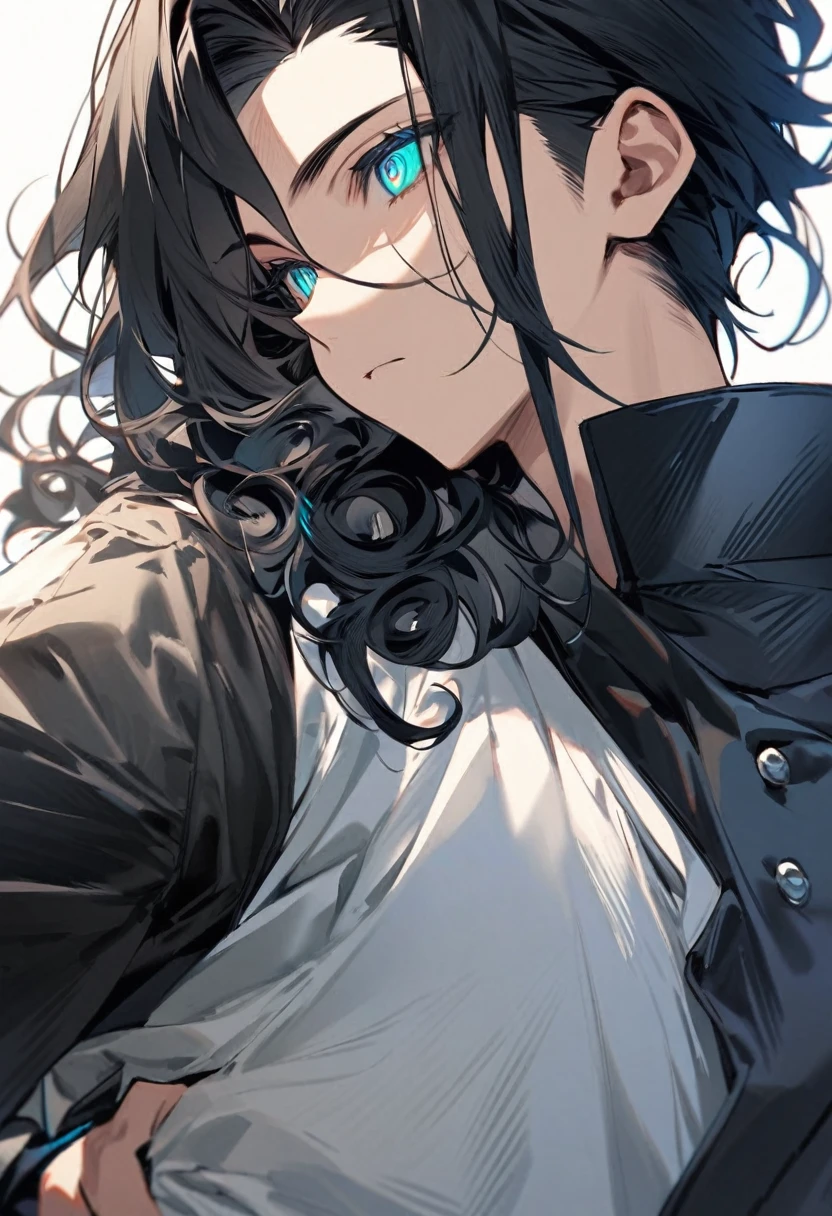 Yuzo is a -yeld yo boy he is a cool headed introverted and reserved boy with bright small glossy turquoise eyes had a lot of detail to them making it seem as if he had sharp eyes, with unruly black hair, blond shaven temporal sides as his hair reached the bottom of his neck in with a stringy curly texture as his hair was curling up on the ends and the front was pushed upfront with some longer locks hanging down to his face his hair styled in a undercut fashion which showed more of his face and forehead and covered less of the front part of his face and eyes, despite this he had very attractive and handsome appearance)

- (Yuzo wore his version of the jujutsu high uniform he wore a a white long sleeve gakuran-style high collared close left-over-right jacket with two swirl golden decor buttons attached to it with the shirt slightly tucked into navy blue slim button pants with a maroon belt around his waist flapping loosely off his hip