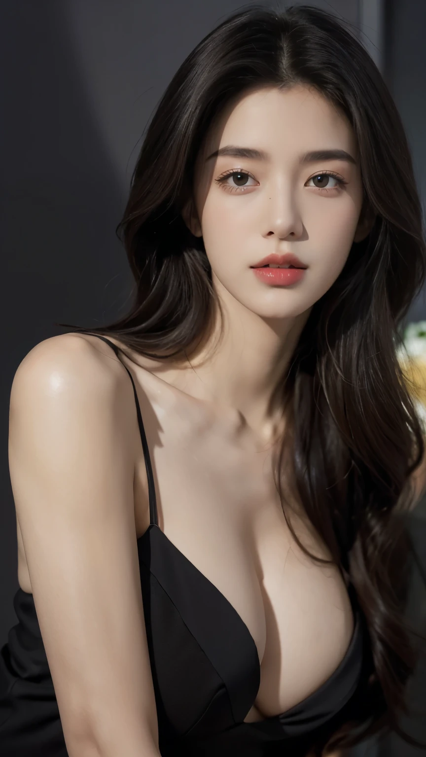 Best quality， masterpiece， Ultra-high resolution， （realistically：1.5）， RAW photos， Lovely， in the dark night， depth shadow， Low Tone， Cold Light， Sexy look,Shoulder length straight bob hair,Slim，Cleavage