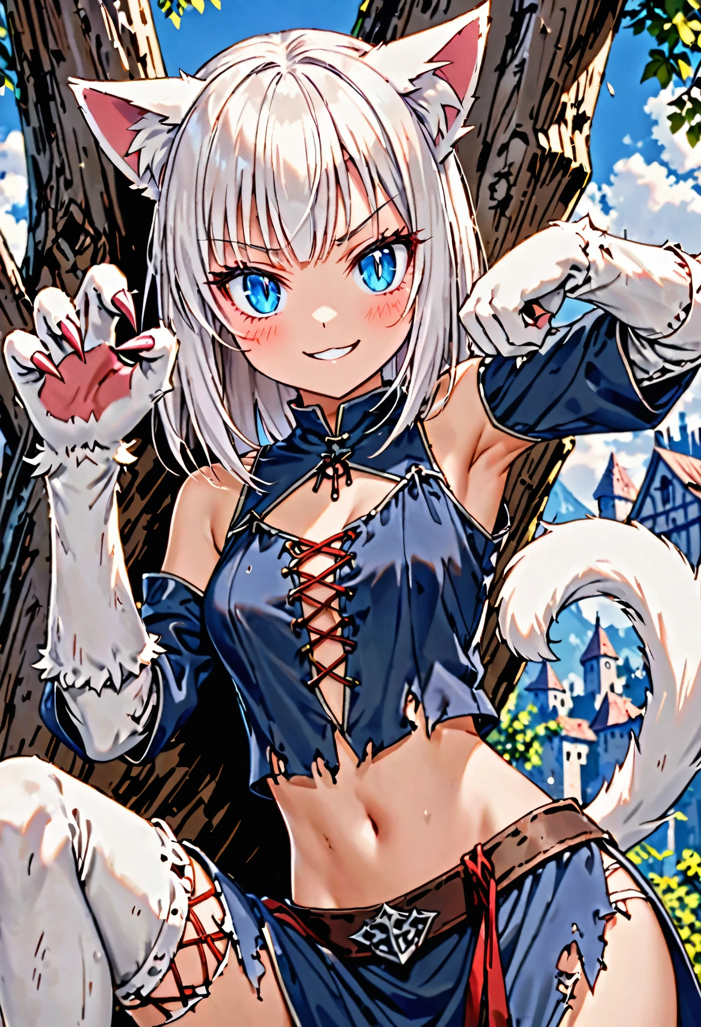 female, short white hair, straight hair, blue eyes, short, white furry forearms, furry claws, white cat ears, white cat tail, slit pupils, small , short, one paw up,  clothes, medieval, athletic,  midriff, cheeky smile, close up, tattered clothes, red mascara, cute wink, action pose, sitting on tree