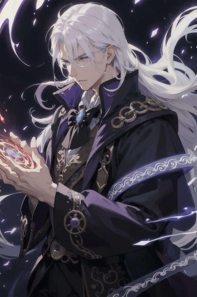 masterpiece, best quality, 1 male, adult, tall muscular, handsome, finely detailed eyes, intricate details, white hair, (style-swirlmagic:1.0),  looking down, 独奏, upper body, detailed background, detailed face, (Steampunk Theme:1.1) evil sorcerer,  color magical robes, determined expression, purple color scheme, dark crimson light, summoning circle, bookshelves, glowing magical runes,  dark atmosphere, shadows, realistic lighting, floating particles, sparks, surrounded by blue lightning red arcane symbols, corrupted by eldritch power,  bloom, Gentle atmosphere, Prince