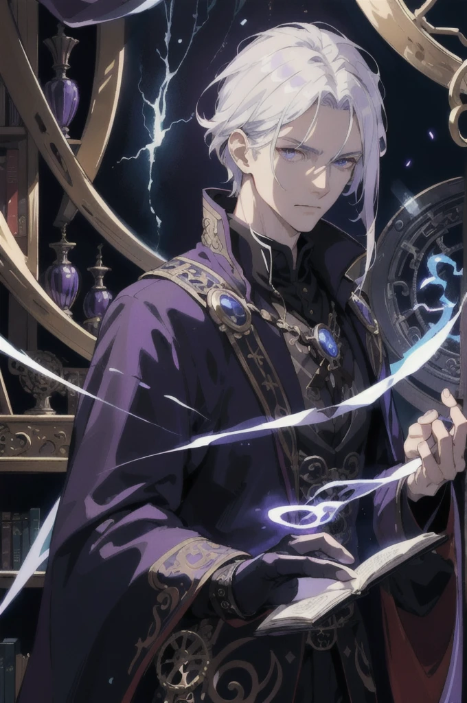 masterpiece, best quality, 1 male, adult, tall muscular, handsome, finely detailed eyes, intricate details, white hair, (style-swirlmagic:1.0), looking down, 独奏, upper body, detailed background, detailed face, (Steampunk Theme:1.1) evil sorcerer, color magical robes, determined expression, purple color scheme, dark crimson light, summoning circle, bookshelves, glowing magical runes, dark atmosphere, shadows, realistic lighting, floating particles, sparks, surrounded by blue lightning red arcane symbols, corrupted by eldritch power, bloom, Gentle atmosphere, Prince