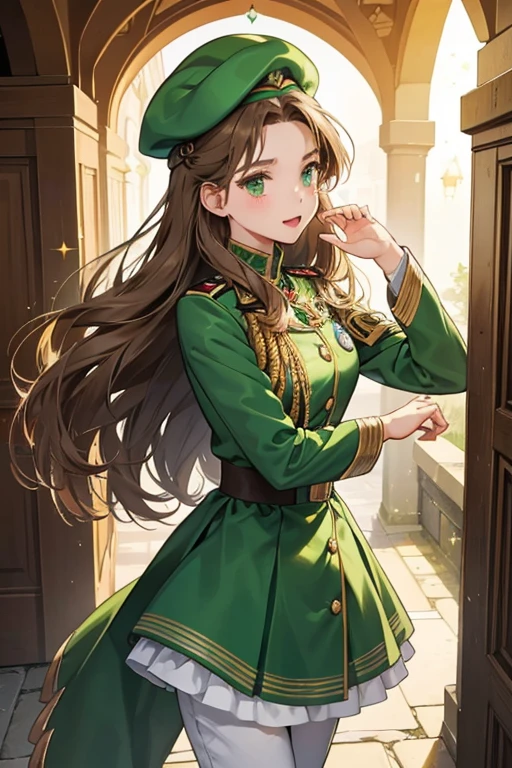 She has long, light-brown hair and green eyes. Her most common outfit, seen in merchandise and official artwork, is a green military uniform and matching beret. In the actual series, she can usually be seen in traditional Hungarian folk dress. SPARKLE; GLITTER