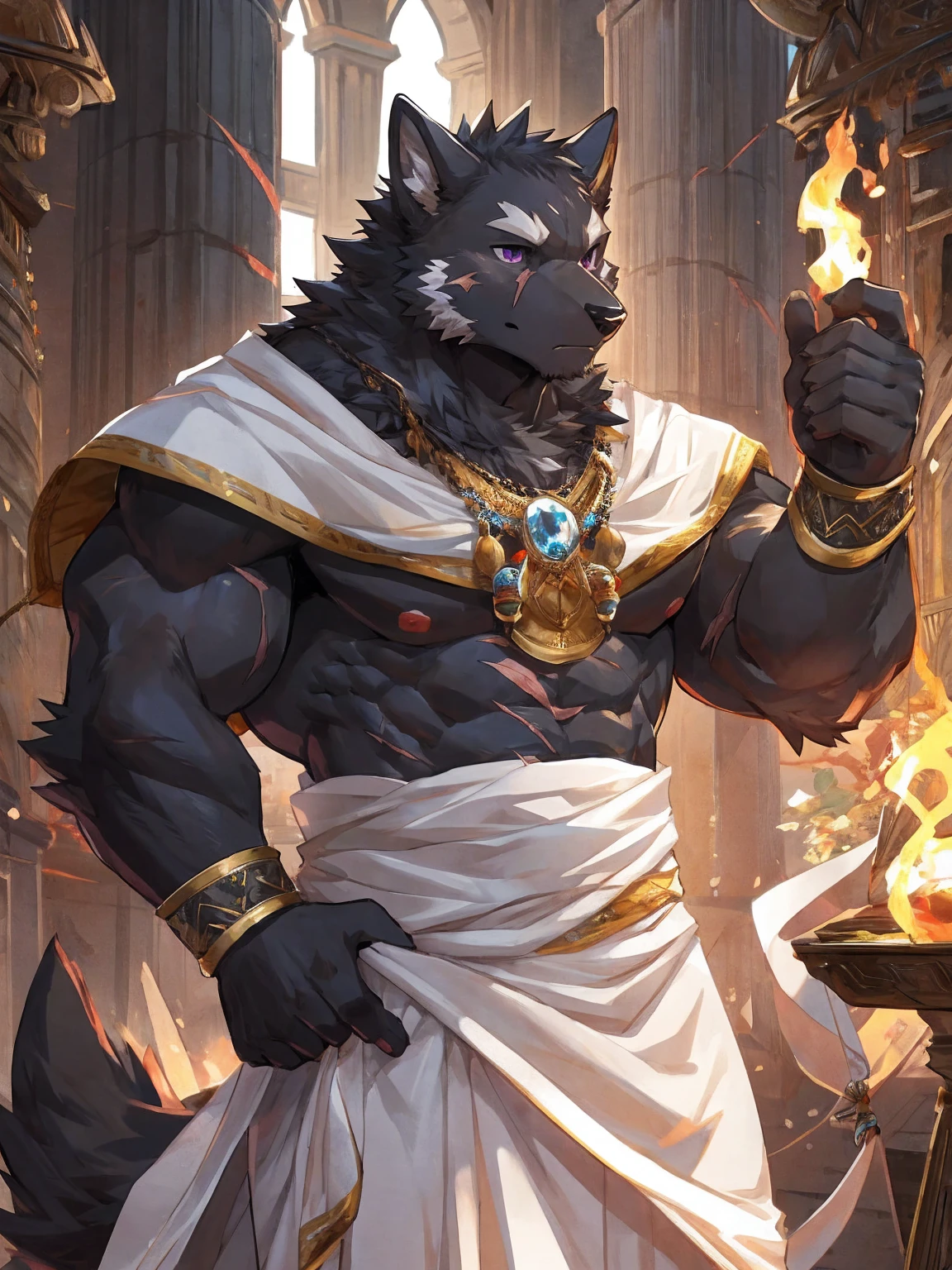 embedding:black wolf, male,purple eyes,Scar on the face, scar on the body,Single person,The fur on the chest and abdomen is white.Toga,Costumes of ancient Greece,White clothes,sacred,Expressions and movements full of divinity,A serious expression,The highest quality of scene detail,adult,Tall and powerful,muscle,Best quality hands, best quality eye,detailed fur,Delicate eyes.Extreme picture quality,by sollyz,by zixiong,by milkytiger1145
