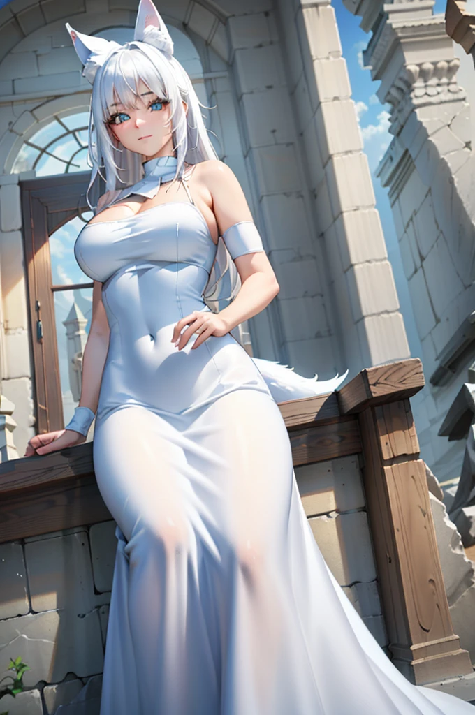 (8k, RAW photo, best quality, masterpiece:1.2), (intricate details), perfect eyes, perfect face, perfect lighting, beautiful, (masterpiece:1.2), (best quality:1.2), 1girl, solo, white fox girl, white hair, ((long loosen hair)), fox ears, white long fluffy tail, adult torso, 19 years old, slight smile, huge sized breasts, ( blue dress), cowboy shot, 3DMM, seated, Side view 