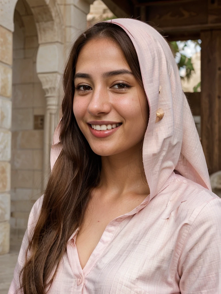 very high resolution, realistic Arab women, pink shirt, white teethes, cute smile, long brown hair, realistic facial details, modest, white skin