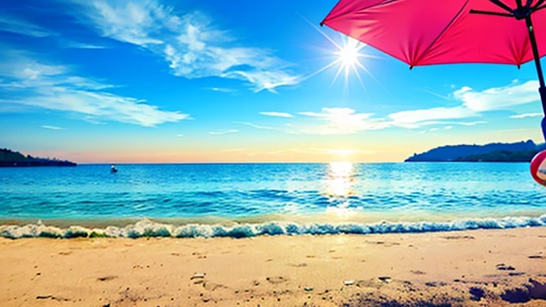 bright sun in the summer sky，a volleyball and an umbrella on the beach，ocean ，a speedboat on the distant ocean