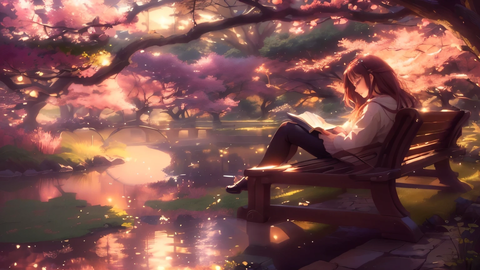 (tmasterpiece,best qualtiy:1.2),big breasts beautiful,hyper-detailing,cinmatic lighting,HDR,illustratio,parks,with petals falling,rios,1 chair,The girl sits in a chair,Girl sitting under a cherry blossom tree,sunraise,SakuraNS,Impressive,anatomy correct,