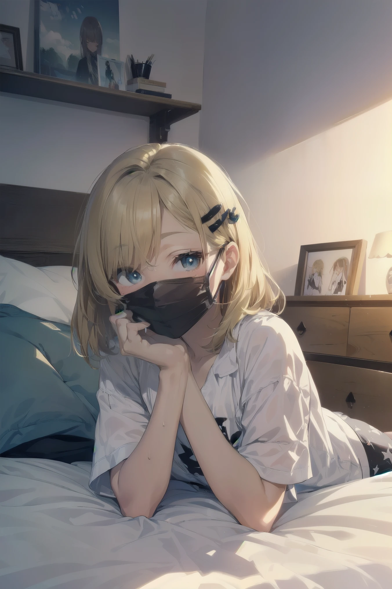 (white mouth mask:1.5),(closed eyes), (lie on bed:1.5),Highest quality, Anime Moe Art Style,Best Anime 8K Konachan Wallpaper,Perfect Anatomy, (One Girl:1.5), (alone,:1.8),high school studehort hair), (Straight hair:1.6),(Medium chest),(Blonde:1.8),Complete limbs, Full Finger,medium breast,Small eyes,Accurate blue eyes, (hair over one eye:1.5),Hair Clip, Very detailed,High resolution,Very detailed肌, Professional Lighting,8K eye detail, (Cute illustrations:1.2), (indoor),(Cute Girl's Room:1.4),(modern and sophisticated furniture:1.2),(plush velvet chair and ottoman:1.4),(elegant curtains and window treatments:1.2),(Designer Fashion:1.4),(Instagrammable fashion photo corner:1.2),(unique framed statement mirror:1.4),
(fashion runway style rug:1.2),(Customized closet filled with trendy clothes:1.2),(gorgeous dressing table:1.2),(Fashion Magazines:1.2),(Cute decoration:1.4),(chic lighting fixtures:1.4),(comfortable and stylish bedding:1.4),(Specialized area for fashion accessories:1.3),(高级饰品:1.2),(fashion sketch and design book:1.2),(bed:1.9),(ankle socks:1.2),nose blush ,A girl lying in bed with a cold with her head on the pillow, cute, detailed drawing, under art,
1 girl, bangs, bed, blush, sweat, cold, blond hair,(pajamas:1.5), indoors,lying on back, pillow, side lock, sleeping, on futon, on futon sleeping face to face,