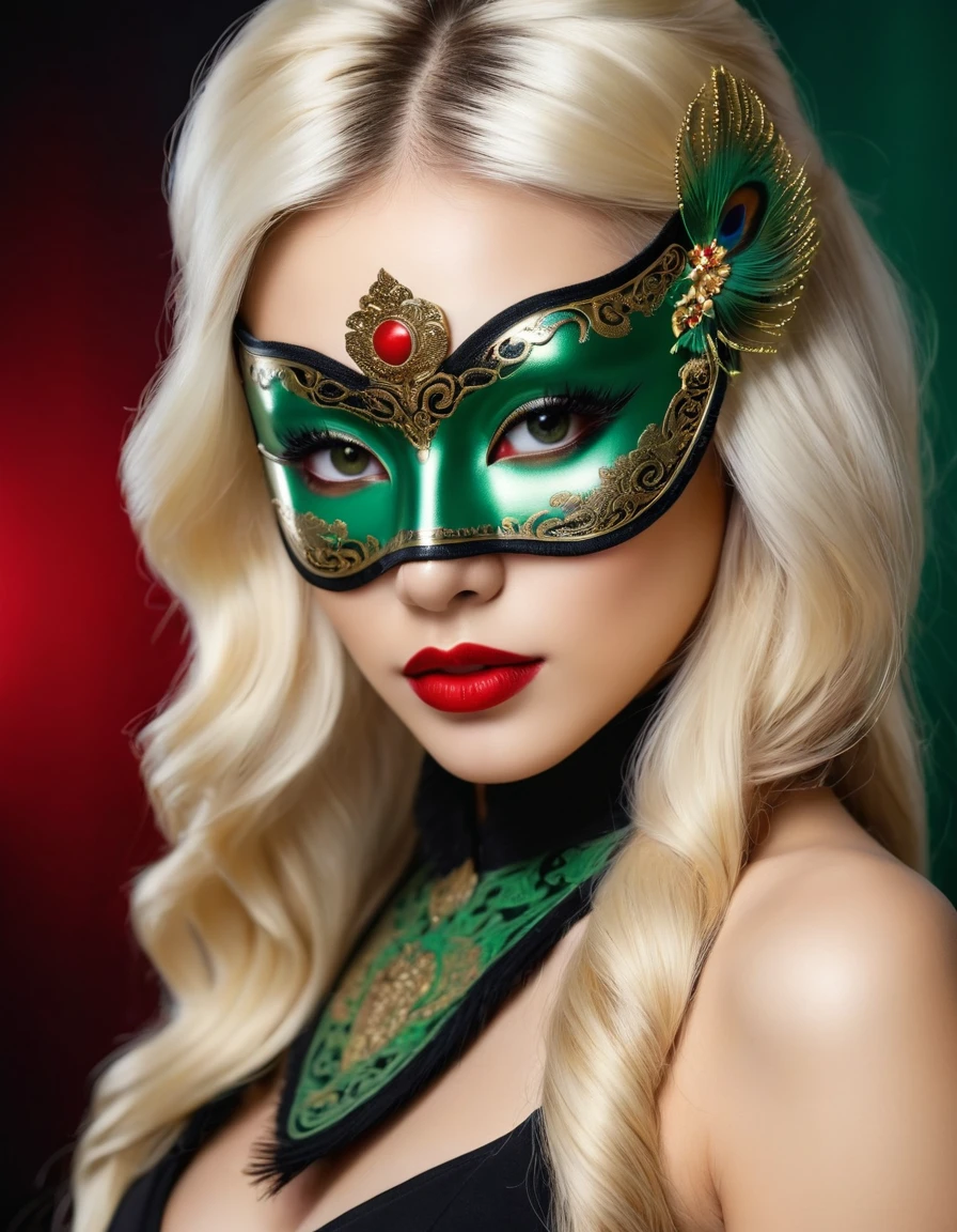 very attractive caucasian 25 year old girl with long platinum blonde hair, A close-up portrait of a beautiful woman wearing an oriental mask, mascara dourada, fetiche, Black and detailed mask, eye reflection, olhos verdes, Red lipstick, cabelos pretos, very realistic