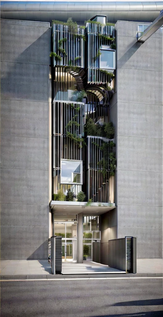 Rendering of Office building, realistic photo, curved concrete, curved facade path, night rendering, ceiling light system,Design a detailed exterior perspective rendering of a modern office building. The building should have a sleek, contemporary design with clean lines and a sophisticated appearance. The facade should primarily feature glass, allowing for plenty of natural light to illuminate the interior spaces, Incorporate high-quality materials such as steel, concrete, and glass to give the building a sense of durability and elegance. The entrance should be grand, with a large, welcoming canopy and automatic sliding doors. Surrounding the building, include landscaped green areas with trees, shrubs, and benches to create a welcoming environment for employees and visitors, Incorporate sustainable elements such as green walls, solar panels on the roof, and energy-efficient lighting. Ensure the building has multiple stories with a mixture of office spaces, conference rooms, and open areas visible through the windows, The overall environment should feel vibrant and dynamic, with people walking in and out, some seated in the outdoor areas, and a few cars and bicycles in designated parking spaces. The sky should be clear with a few clouds, and the overall atmosphere should be that of a bustling, modern workspace.