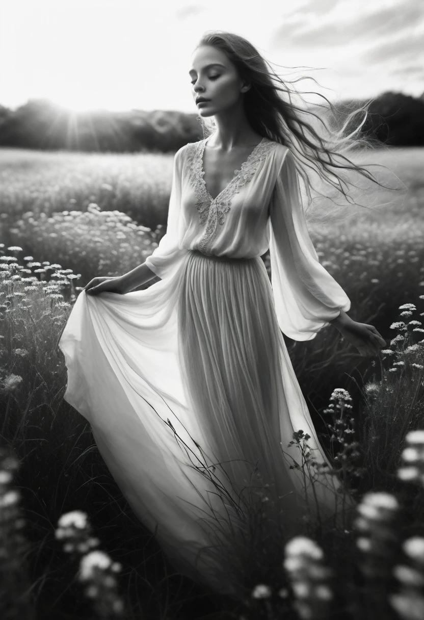 An artistic black and white photograph of a young woman standing in a field of wildflowers. The composition focuses on the fluid lines and grace of the female body, highlighting the softness of the shapes and texture of the loose white blouse and the long, light skirt that flutters gently in the breeze.

The lighting is soft and diffuse, creating shadows and sparkles that accentuate the delicacy and strength inherent to the figure. The model has a serene and contemplative look, with an expression that conveys an intimate connection with the nature that surrounds it.

The result is an evocative image, that invites the observer to immerse themselves in a moment of calm and reflection, appreciating the natural beauty and serenity of the portrait."