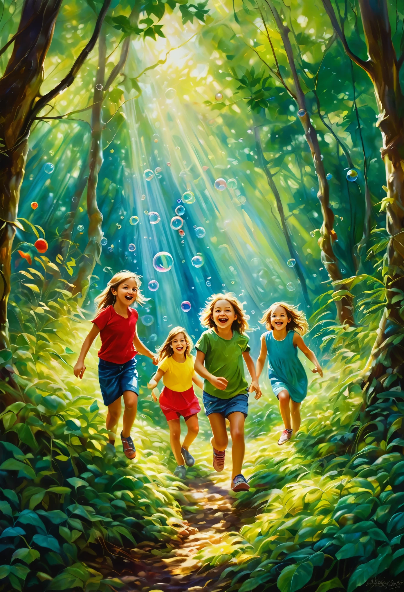 "A realistic oil painting of a group of children playing and exploring in a lush forest full of life. The children look cheerful and happy, with radiant facial expressions that reflect their excitement and enthusiasm.

around the children, You can see images and symbols that represent your creative and artistic thoughts, like colorful geometric shapes, paint strokes, musical notes, bubbles and spirals. These elements intermingle with the natural environment, creating a magical and enchanting atmosphere.

The colors used are vibrant and full of life., with a palette that includes intense greens, deep blues, bright yellows and intense reds. Light filters through the leaves, creating shadows and highlights that accentuate the texture and depth of the scene.

The painting style is realistic but with touches of fantasy and expressionism., capturing children&#39;s imagination and joy in an artistic and evocative way."