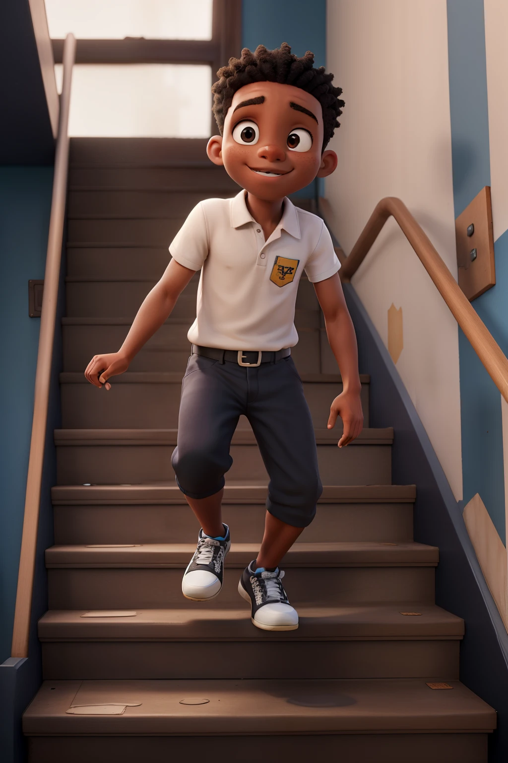 black boy climbing stairs backwards