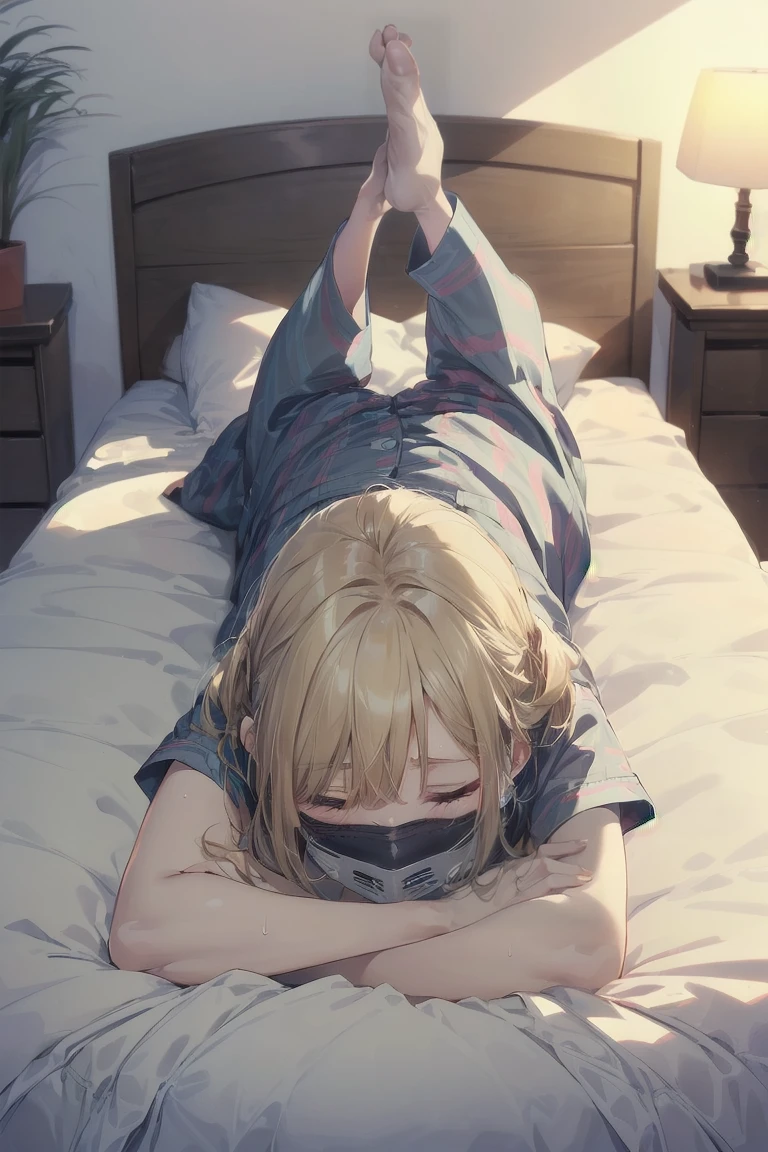 (white mouth mask:1.5),(closed eyes:1.5), (lie on bed:1.5),Highest quality, Anime Moe Art Style,Best Anime 8K Konachan Wallpaper,Perfect , (One Girl:1.5), (alone,13 years old:1.8),high school student, (short hair), (Straight hair:1.6),(Medium ),(Blonde:1.8),Complete limbs, Full Finger,medium ,Small eyes,Accurate blue eyes, (hair over one eye:1.5),Hair Clip, Very detailed,High resolution,Very detailed肌, Professional Lighting,8K eye detail, (Cute illustrations:1.2), (indoor),(Cute Girl's Room:1.4),(modern and sophisticated furniture:1.2),(plush velvet chair and ottoman:1.4),(elegant curtains and window treatments:1.2),(Designer Fashion:1.4),(Instagrammable fashion photo corner:1.2),(unique framed statement mirror:1.4),
(fashion runway style rug:1.2),(Customized closet filled with trendy clothes:1.2),(gorgeous dressing table:1.2),(Fashion Magazines:1.2),(Cute decoration:1.4),(chic lighting fixtures:1.4),(comfortable and stylish bedding:1.4),(Specialized area for fashion accessories:1.3),(高级饰品:1.2),(fashion sketch and design book:1.2),(bed:1.9),(ankle socks:1.2),nose blush ,A girl lying in bed with a cold with her head on the pillow, cute, detailed drawing, under art,
1 girl, bangs, bed, blush, sweat, cold, blond hair,(pajamas:1.5), indoors,lying on back, pillow, side lock, sleeping, on futon, on futon sleeping face to face,