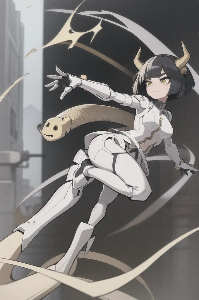 (masterpiece, ultra high quality), (standing), (full body), (1girl), (solo), (female focus), (18 year old girl), (Anime art style), (Singular, large horn on the left side of her head), (half human/half snake hybrid female), (Messy bob-cut with bangs), (big eyebrows), (snake tail) (Cute anime snake eyes), (mechanical limbs attached to limbless female body), (mechanical exo-suit)