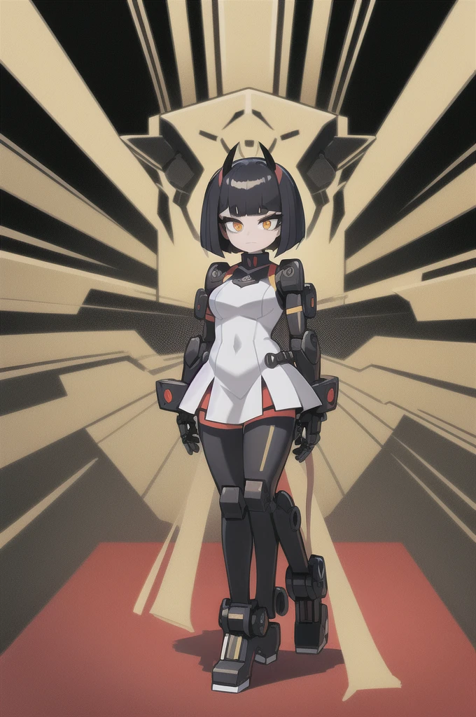 (masterpiece, ultra high quality), (standing), (full body), (1girl), (solo), (female focus), (18 year old girl), (Anime art style), (Singular, large horn on the left side of her head), (half human/half snake hybrid female), (Messy bob-cut with bangs), (big eyebrows), (snake tail) (Cute anime snake eyes), (mechanical limbs attached to limbless female body), (mechanical exo-suit)