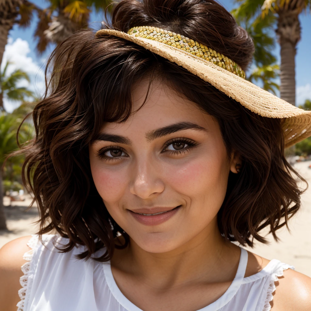 Femme mexicaine, 30 ans, cheveux ondulés, peau brune, yeux sombres, sourire, vêtements d'affaires mexicains, robe sexy, réaliste, avec une expérience dans un marché dynamique, 8k super réaliste, detallada y réaliste. (A 30-year-old Femme mexicaine, cheveux ondulés, peau bronzée, yeux sombres, souriant, porter une tenue de travail traditionnelle mexicaine, fond de marché dynamique, de haute qualité et réaliste.)