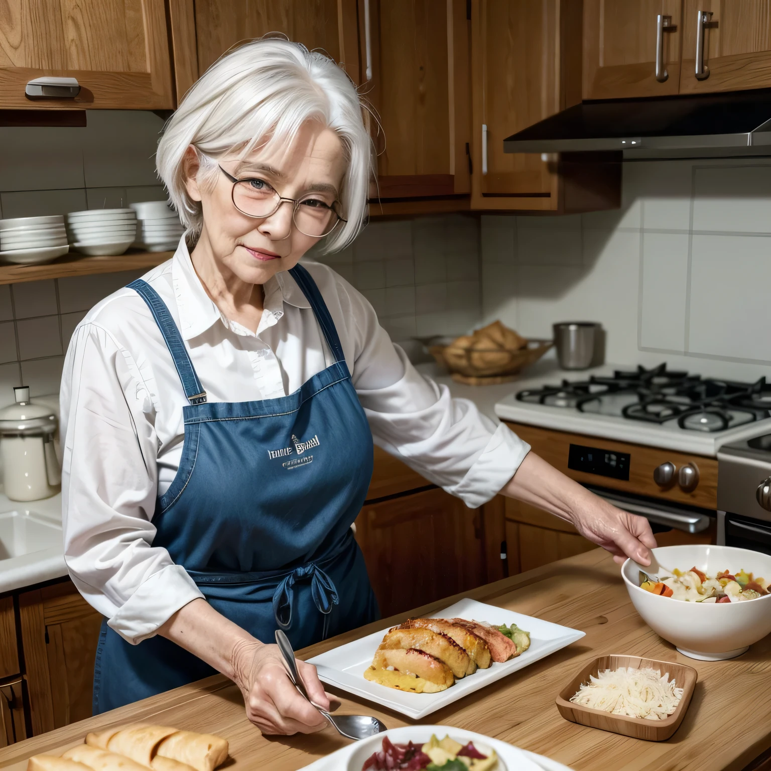 a single elderly woman with white hair wearing glasses and a cooking apron serving the rectangular table full of food