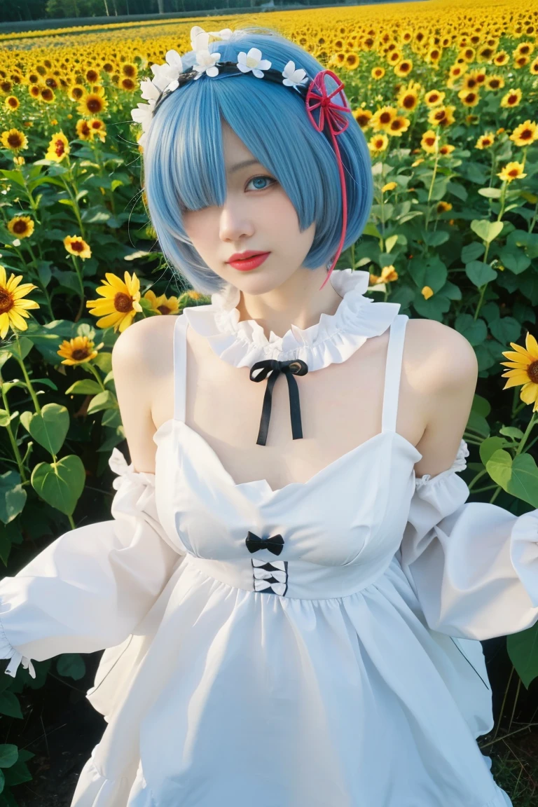 best quality, tmasterpiece,Ultra-high resolution,Clear face,（Reality：1.4），ferpect lighting，(upper body shot:1.5), (photorealistic:1.50), anime wallpaper, Guviz style artwork, cover-up fantasy up to magic , by Yang J, Guviz, beautiful artwork illustration, beautiful digital artwork, beautiful digital illustration, Li Song, beautiful anime portrait, art style in Beauvot,1girl,rem(re-zero),blue_eyes,blue_hair,blue_sky,blush,cloud,day,dress,field,flower,flower_field,from_side,hair_between_eyes,hair_flower,hair_ornament,hat,hat_flower,hat_ribbon,lens_flare,looking_at_viewer,open_mouth,outdoors,pink_flower,plaid,plaid_ribbon,ribbon,short_dress,short_hair,shoulder_blades,skirt_hold,sky,sleeveless,sleeveless_dress,独奏,standing,strap_gap,straw_hat,sun_hat,sundress,sunflower,sunflower_field,white_dress,yellow_flower,yellow_hat,