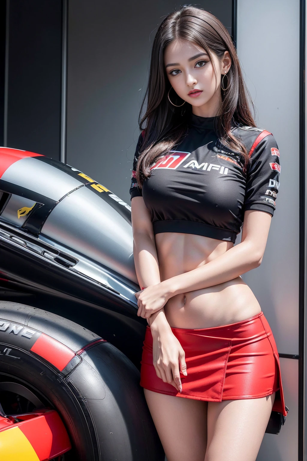 (masterpiece), ( MotoGP Racing Girls), (Eyeliner:0.5),(blush:0.5), Black Hair, A faint smile, Refers to a beautiful and delicate girl, Extremely detailed eyes and face, Beautiful and delicate eyes, , ((MOTOGP events)), (MotoGP track background), (best quality, high resolution, Reality, original, 8K,masterpiece, ),(((Dynamic poses))),(((Mid-abdomen peek))),(((Show under chest ))),(((Red Mini Skirt Lift))),(((Bare inner thighs))),(((Formula One car on display))), (Bright colors:1.2), (Beautifully),