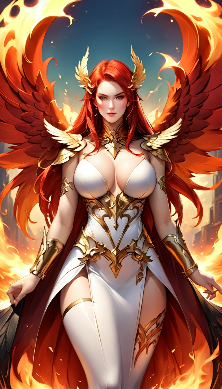 A woman with fiery flames and wings, golden burning wings, grand fantasy art style, concept art | ArtGerm, phoenix warrior, extremely detailed ArtGerm, grand fantasy digital art style, elemental mistress, full body portrait of an elementalist, grand and intricate character art