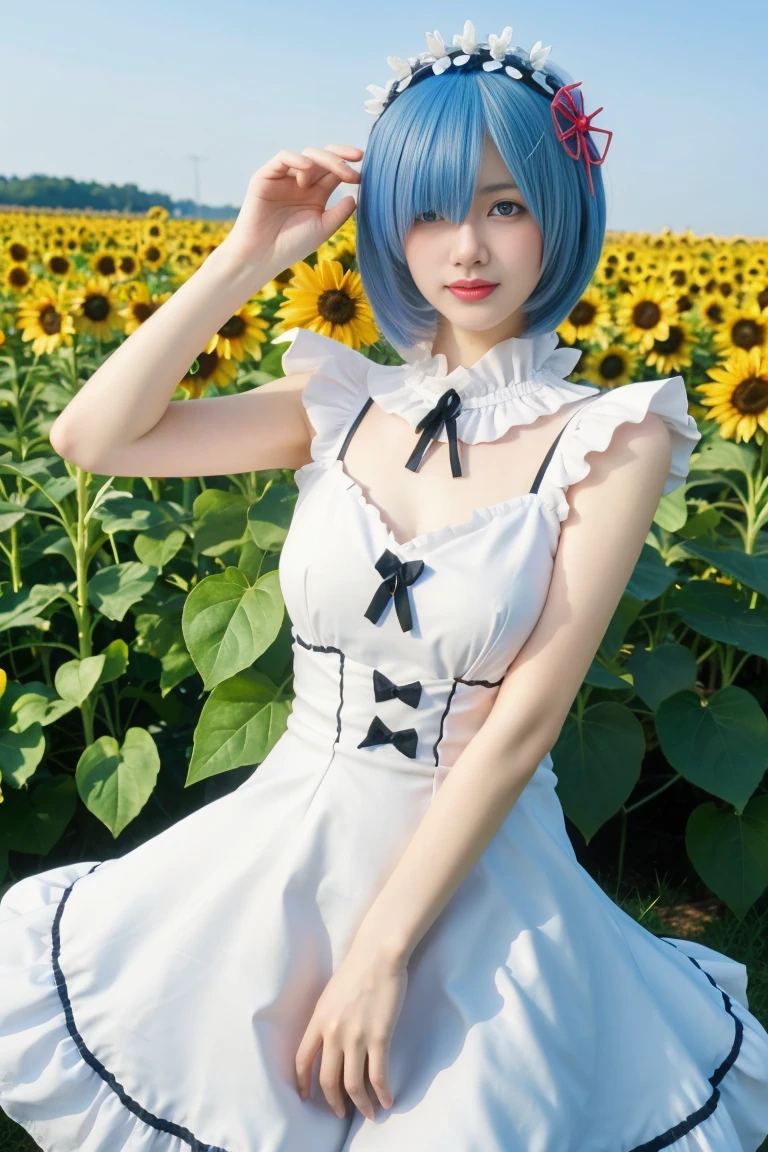 best quality, tmasterpiece,Ultra-high resolution,Clear face,(Reality:1.4),ferpect lighting,(upper body shot:1.5), (photorealistic:1.50), anime wallpaper, Guviz style artwork, cover-up fantasy up to magic , by Yang J, Guviz, beautiful artwork illustration, beautiful digital artwork, beautiful digital illustration, Li Song, beautiful anime portrait, art style in Beauvot,1girl,rem(re-zero),blue_eyes,blue_hair,blue_sky,blush,cloud,day,dress,field,flower,flower_field,from_side,hair_between_eyes,hair_flower,hair_ornament,hat,hat_flower,hat_ribbon,lens_flare,looking_at_viewer,open_mouth,outdoors,pink_flower,plaid,plaid_ribbon,ribbon,short_dress,short_hair,shoulder_blades,skirt_hold,sky,sleeveless,sleeveless_dress,独奏,standing,strap_gap,straw_hat,sun_hat,sundress,sunflower,sunflower_field,white_dress,yellow_flower,yellow_hat,