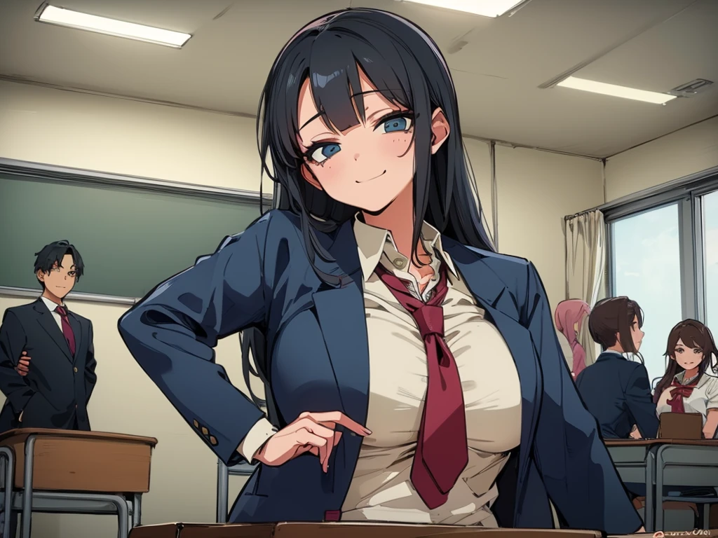 high school student、Women、School classroom、(Big Breasts)、smirk、curvy、(((((1 girl)))))、(from below)、With a cheek cane、